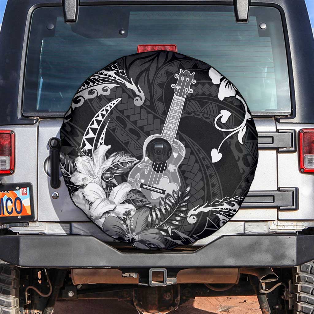 Hawaii Ukulele Spare Tire Cover Polynesian Pattern Mix Hibiscus Black Version