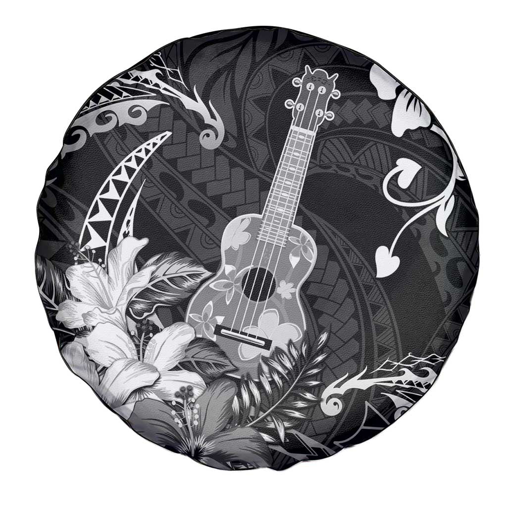 Hawaii Ukulele Spare Tire Cover Polynesian Pattern Mix Hibiscus Black Version