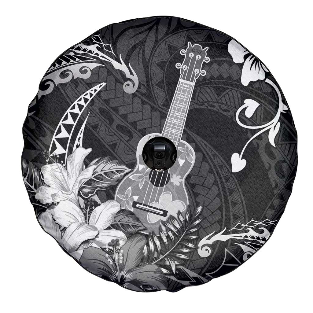 Hawaii Ukulele Spare Tire Cover Polynesian Pattern Mix Hibiscus Black Version