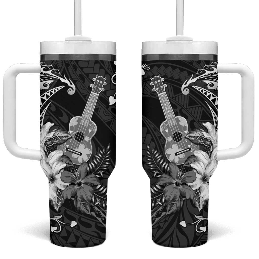 Hawaii Ukulele Tumbler With Handle Polynesian Pattern Mix Hibiscus Black Version