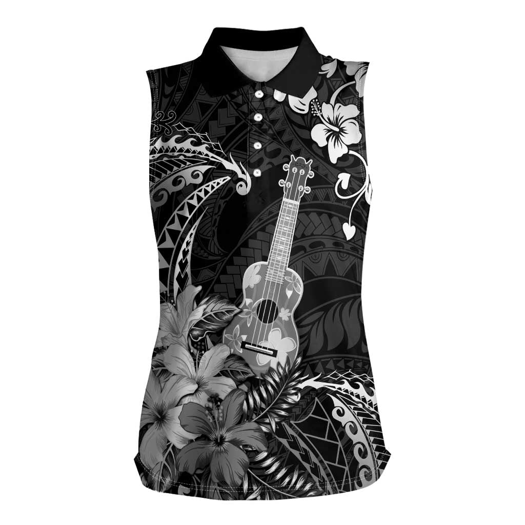 Hawaii Ukulele Women Sleeveless Polo Shirt Polynesian Pattern Mix Hibiscus Black Version LT05