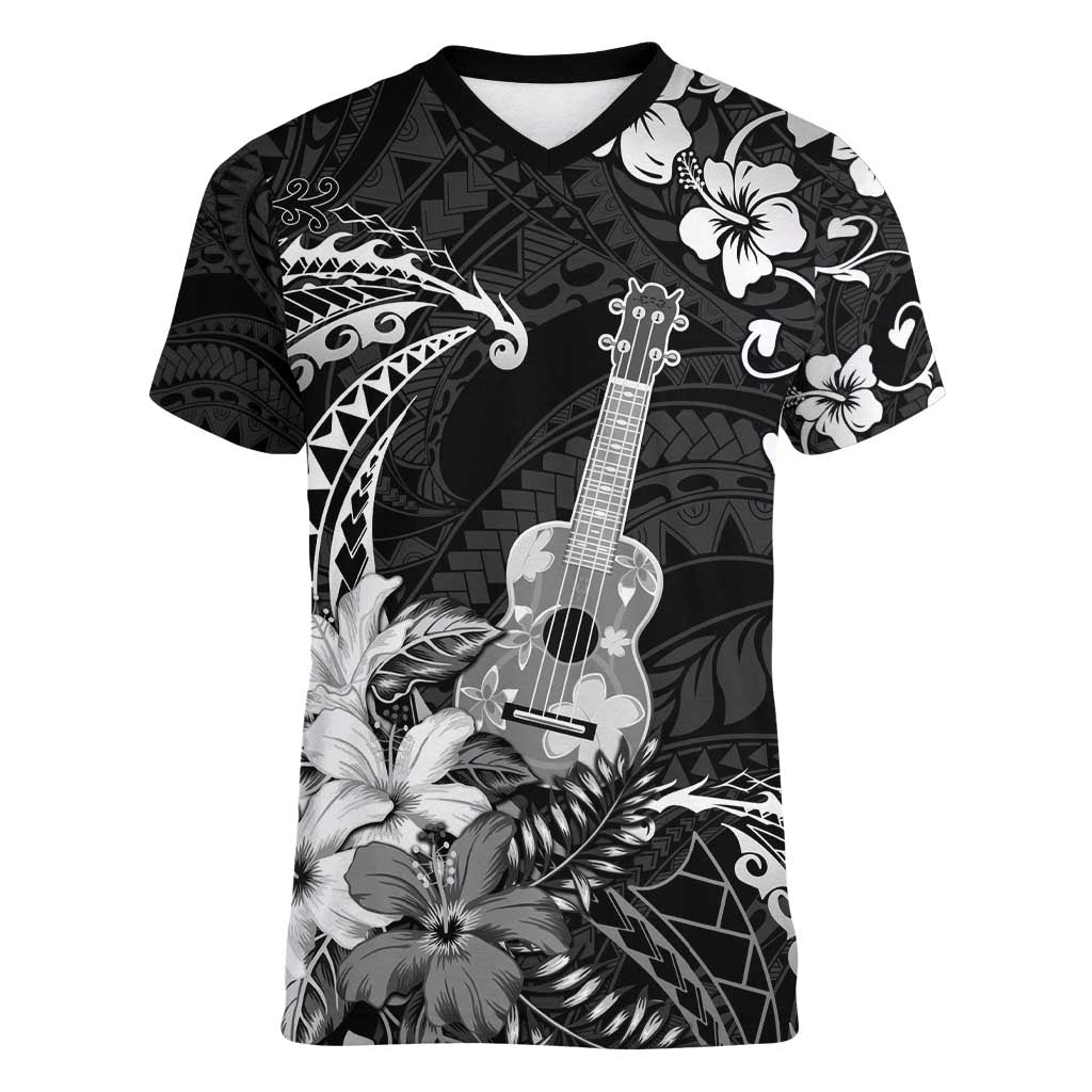 Hawaii Ukulele Women V-Neck T-Shirt Polynesian Pattern Mix Hibiscus Black Version LT05