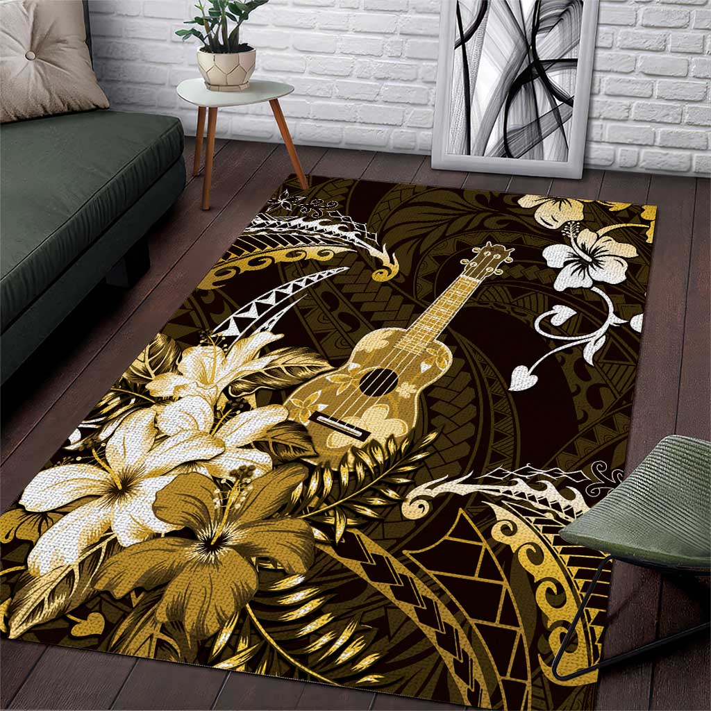 Hawaii Ukulele Area Rug Polynesian Pattern Mix Hibiscus Gold Version