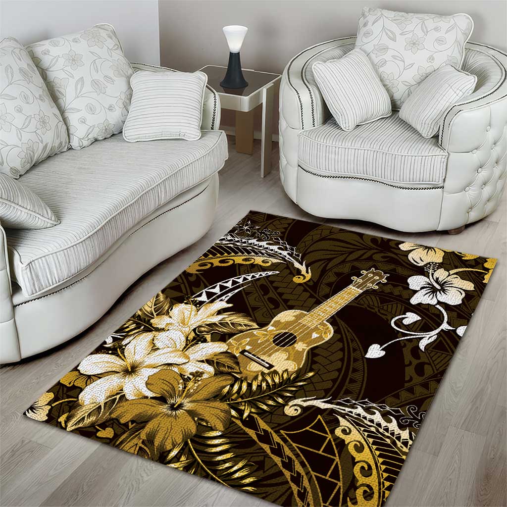 Hawaii Ukulele Area Rug Polynesian Pattern Mix Hibiscus Gold Version