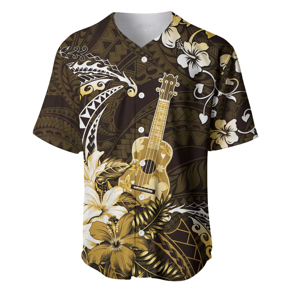 Hawaii Ukulele Baseball Jersey Polynesian Pattern Mix Hibiscus Gold Version LT05