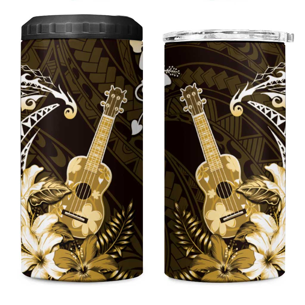 Hawaii Ukulele 4 in 1 Can Cooler Tumbler Polynesian Pattern Mix Hibiscus Gold Version