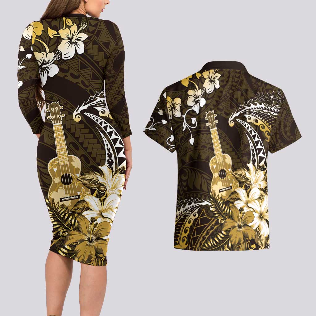 Hawaii Ukulele Couples Matching Long Sleeve Bodycon Dress and Hawaiian Shirt Polynesian Pattern Mix Hibiscus Gold Version LT05