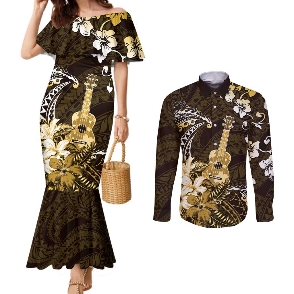 Hawaii Ukulele Couples Matching Mermaid Dress and Long Sleeve Button Shirt Polynesian Pattern Mix Hibiscus Gold Version LT05