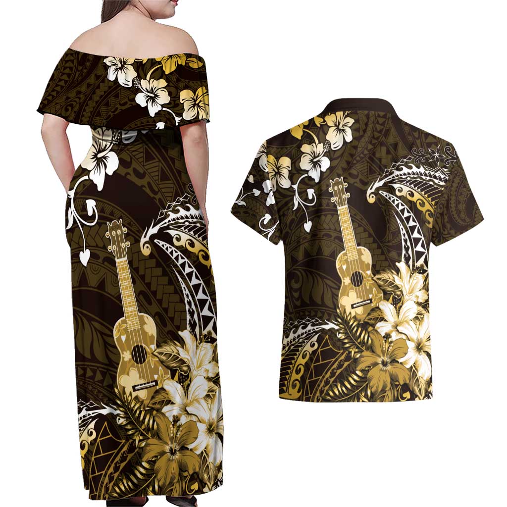Hawaii Ukulele Couples Matching Off Shoulder Maxi Dress and Hawaiian Shirt Polynesian Pattern Mix Hibiscus Gold Version LT05