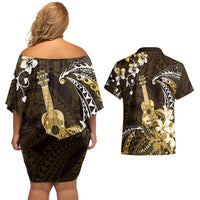 Hawaii Ukulele Couples Matching Off Shoulder Short Dress and Hawaiian Shirt Polynesian Pattern Mix Hibiscus Gold Version LT05