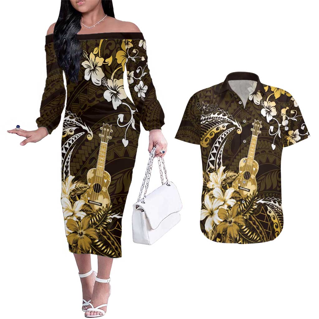 Hawaii Ukulele Couples Matching Off The Shoulder Long Sleeve Dress and Hawaiian Shirt Polynesian Pattern Mix Hibiscus Gold Version LT05