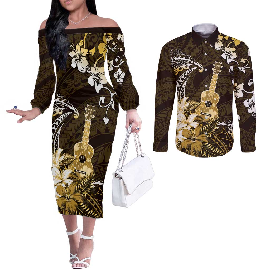 Hawaii Ukulele Couples Matching Off The Shoulder Long Sleeve Dress and Long Sleeve Button Shirt Polynesian Pattern Mix Hibiscus Gold Version LT05