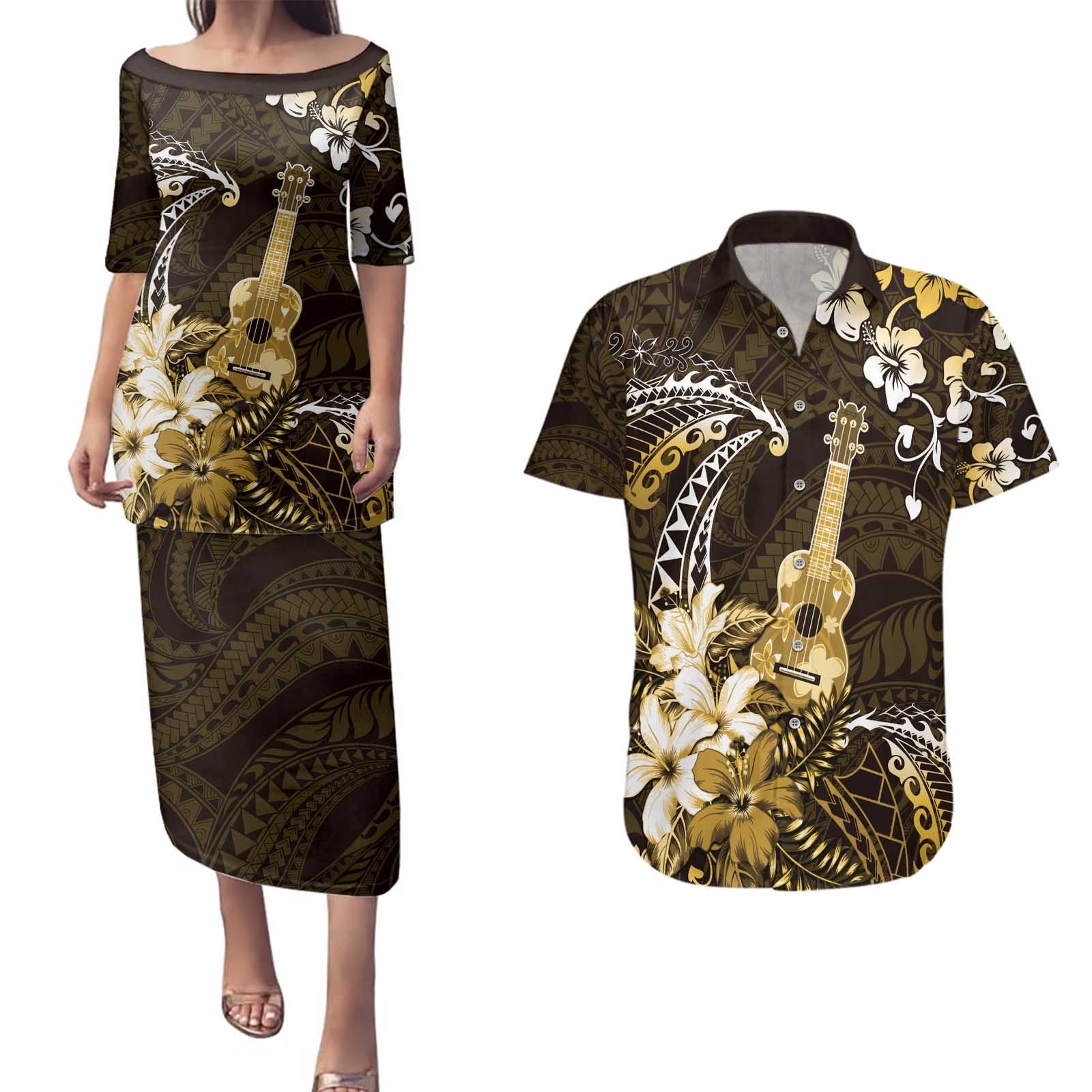 Hawaii Ukulele Couples Matching Puletasi and Hawaiian Shirt Polynesian Pattern Mix Hibiscus Gold Version LT05