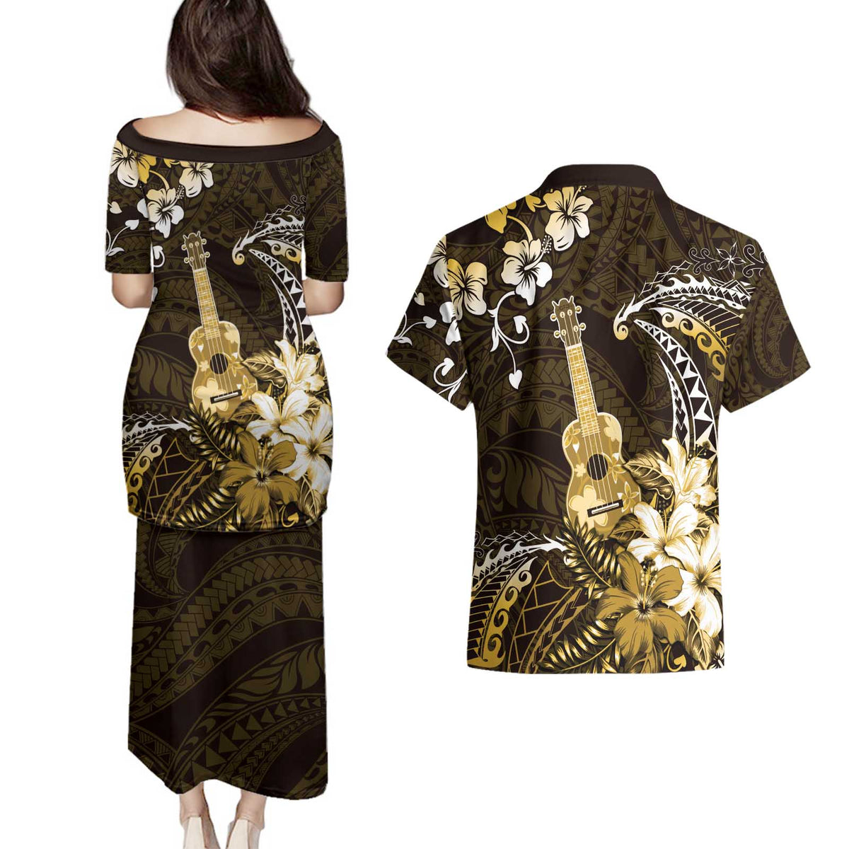 Hawaii Ukulele Couples Matching Puletasi and Hawaiian Shirt Polynesian Pattern Mix Hibiscus Gold Version LT05