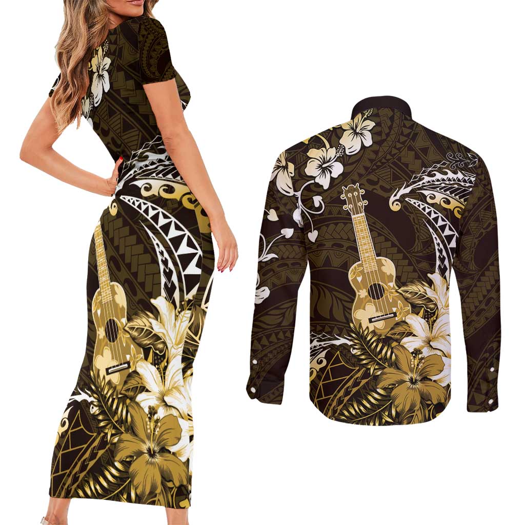 Hawaii Ukulele Couples Matching Short Sleeve Bodycon Dress and Long Sleeve Button Shirt Polynesian Pattern Mix Hibiscus Gold Version LT05