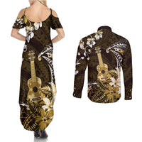 Hawaii Ukulele Couples Matching Summer Maxi Dress and Long Sleeve Button Shirt Polynesian Pattern Mix Hibiscus Gold Version LT05
