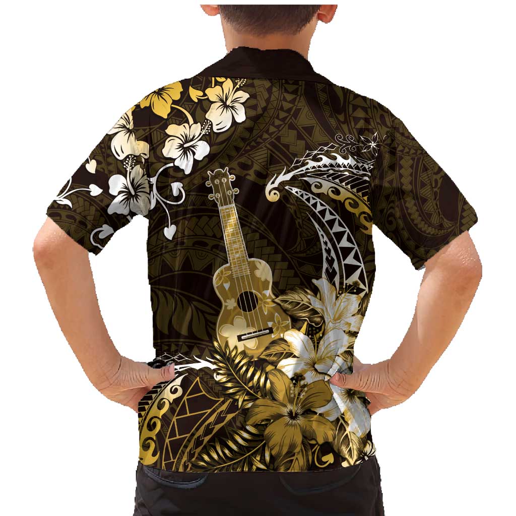 Hawaii Ukulele Family Matching Mermaid Dress and Hawaiian Shirt Polynesian Pattern Mix Hibiscus Gold Version LT05
