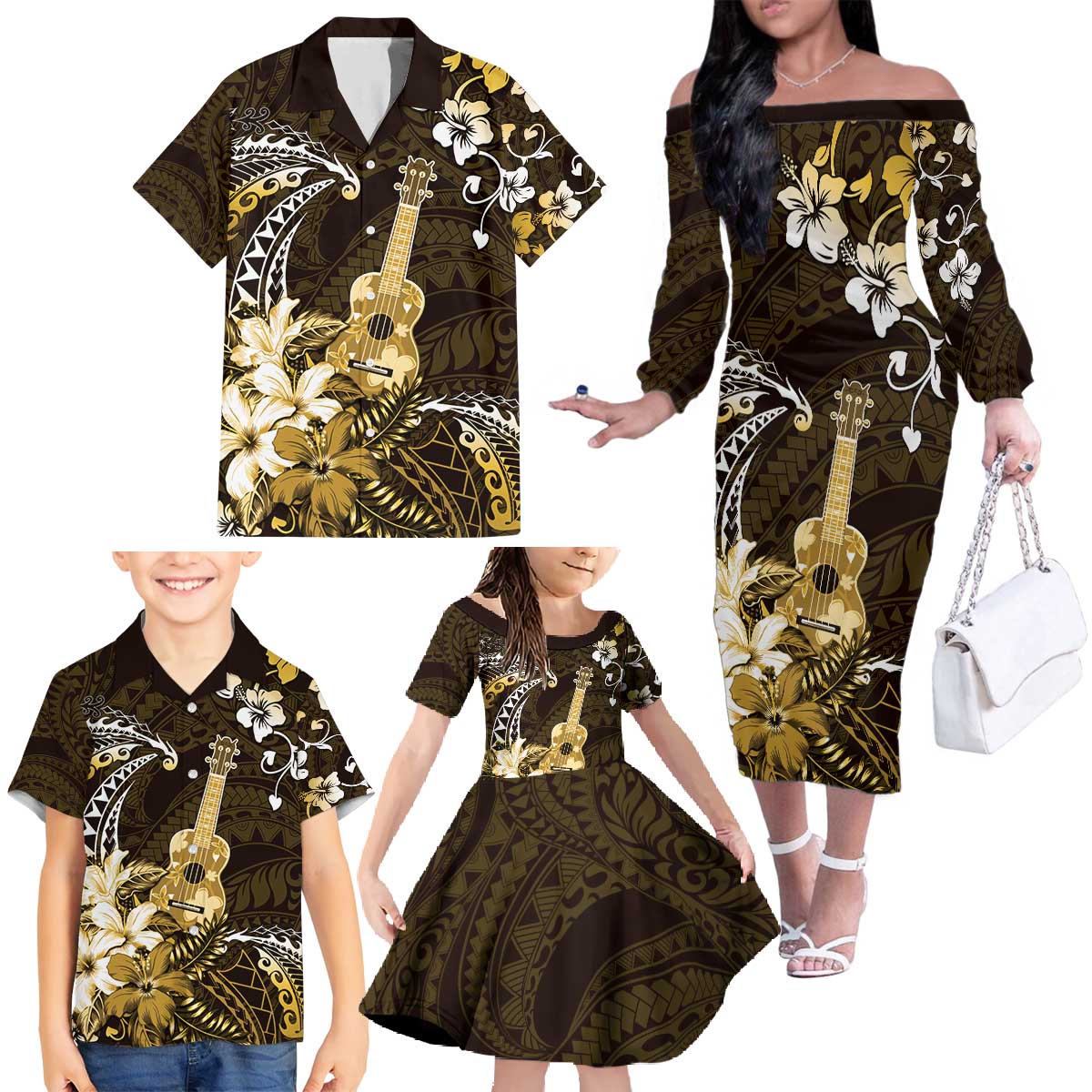 Hawaii Ukulele Family Matching Off The Shoulder Long Sleeve Dress and Hawaiian Shirt Polynesian Pattern Mix Hibiscus Gold Version LT05