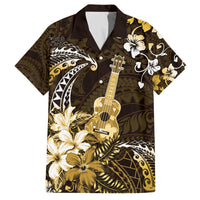 Hawaii Ukulele Family Matching Off The Shoulder Long Sleeve Dress and Hawaiian Shirt Polynesian Pattern Mix Hibiscus Gold Version LT05