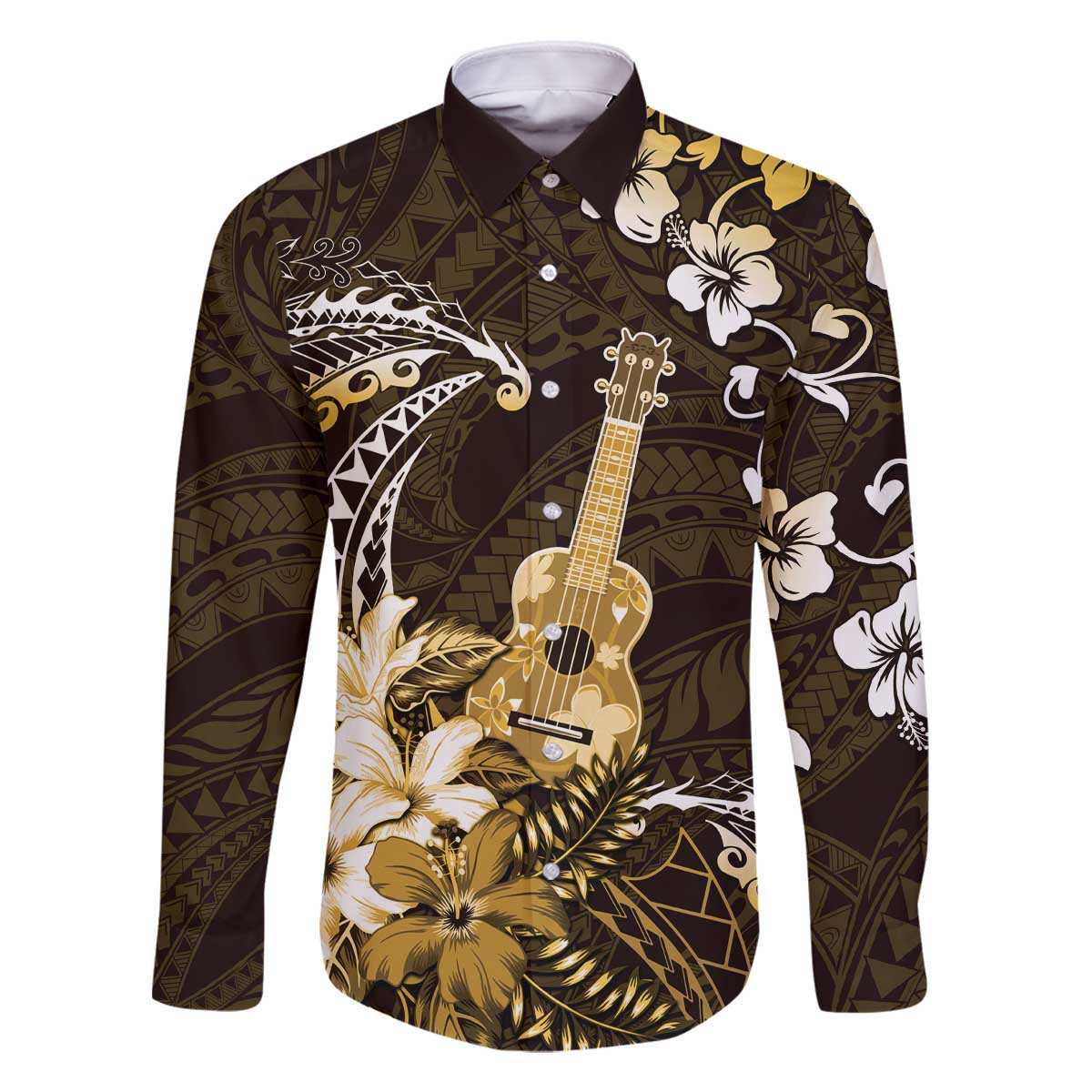Hawaii Ukulele Family Matching Off The Shoulder Long Sleeve Dress and Hawaiian Shirt Polynesian Pattern Mix Hibiscus Gold Version LT05