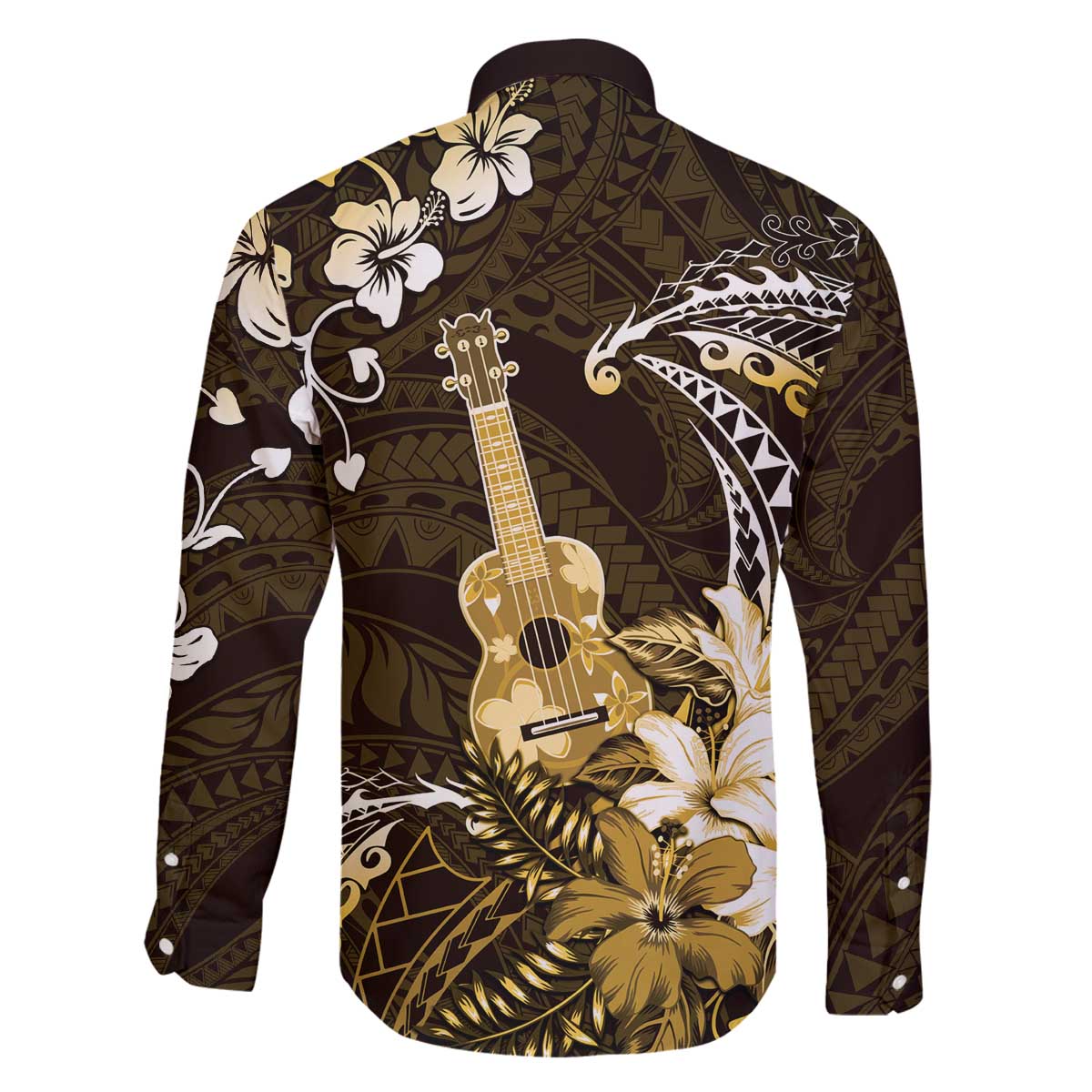 Hawaii Ukulele Family Matching Off The Shoulder Long Sleeve Dress and Hawaiian Shirt Polynesian Pattern Mix Hibiscus Gold Version LT05