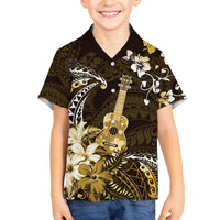 Hawaii Ukulele Family Matching Off The Shoulder Long Sleeve Dress and Hawaiian Shirt Polynesian Pattern Mix Hibiscus Gold Version LT05