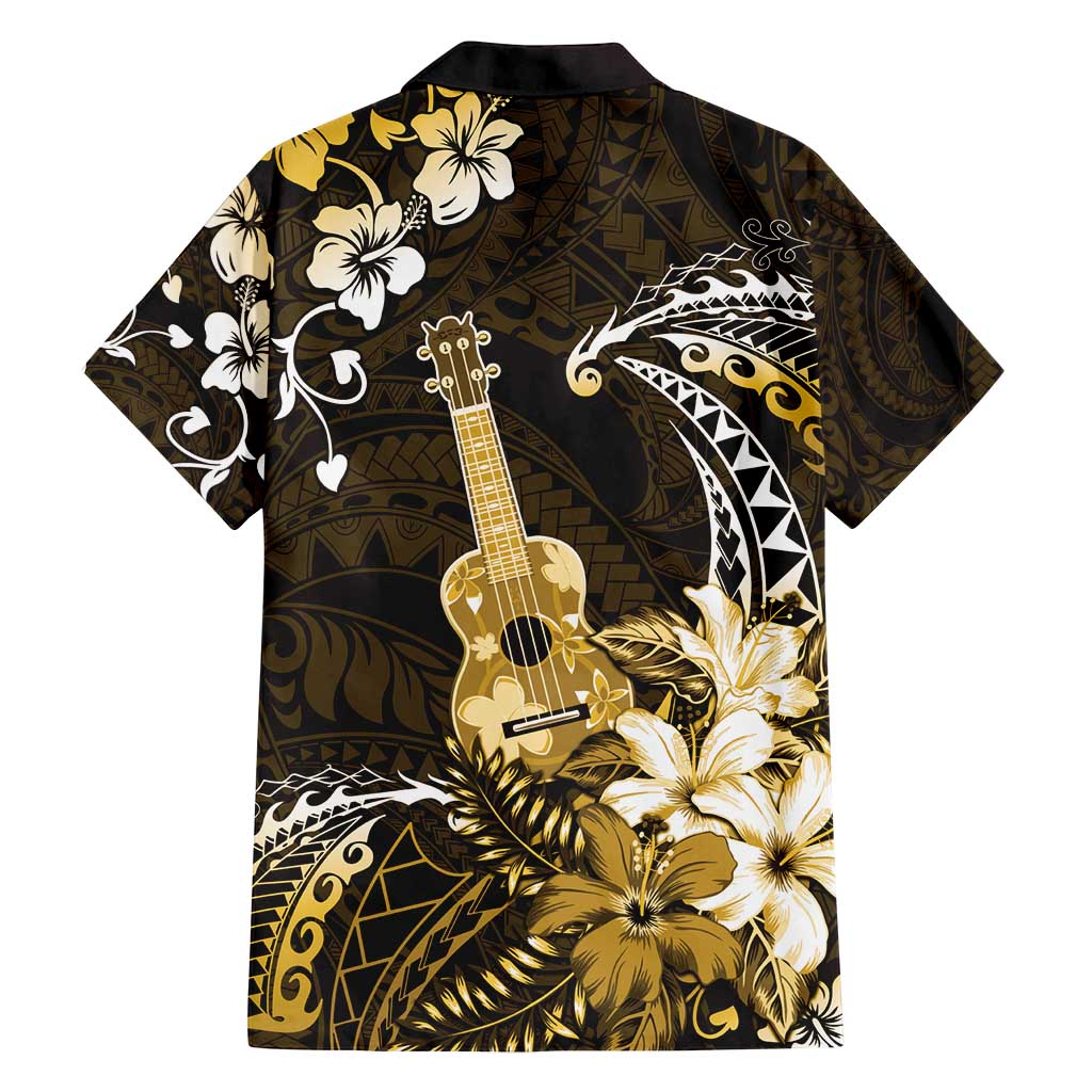 Hawaii Ukulele Family Matching Off Shoulder Maxi Dress and Hawaiian Shirt Polynesian Pattern Mix Hibiscus Gold Version LT05