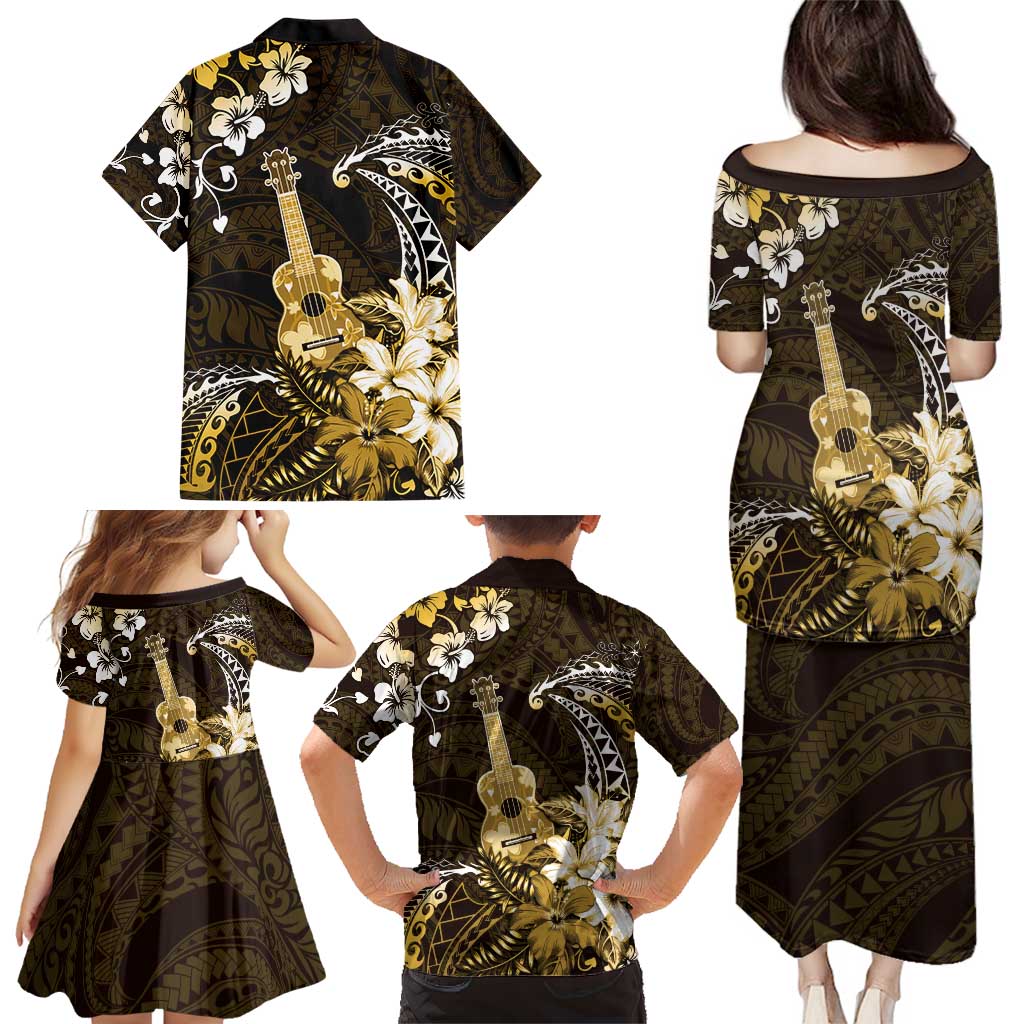 Hawaii Ukulele Family Matching Puletasi and Hawaiian Shirt Polynesian Pattern Mix Hibiscus Gold Version LT05
