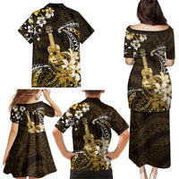 Hawaii Ukulele Family Matching Puletasi and Hawaiian Shirt Polynesian Pattern Mix Hibiscus Gold Version LT05