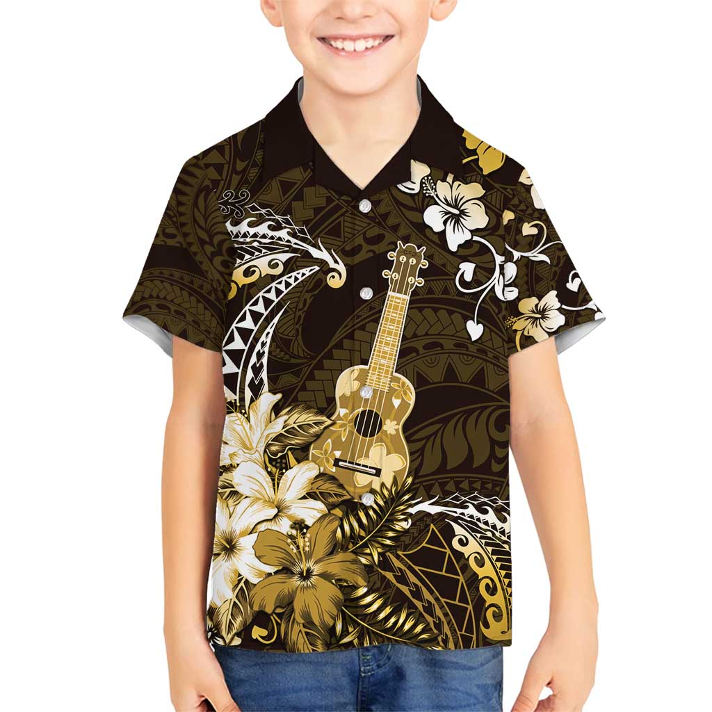 Hawaii Ukulele Family Matching Puletasi and Hawaiian Shirt Polynesian Pattern Mix Hibiscus Gold Version LT05