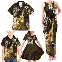 Hawaii Ukulele Family Matching Tank Maxi Dress and Hawaiian Shirt Polynesian Pattern Mix Hibiscus Gold Version LT05