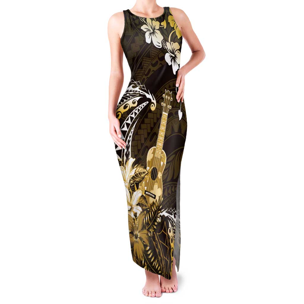 Hawaii Ukulele Family Matching Tank Maxi Dress and Hawaiian Shirt Polynesian Pattern Mix Hibiscus Gold Version LT05