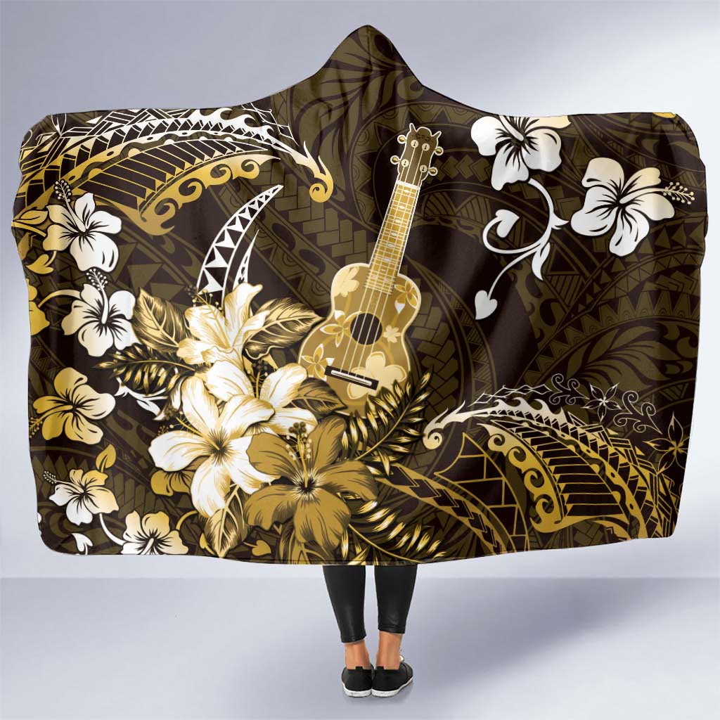 Hawaii Ukulele Hooded Blanket Polynesian Pattern Mix Hibiscus Gold Version