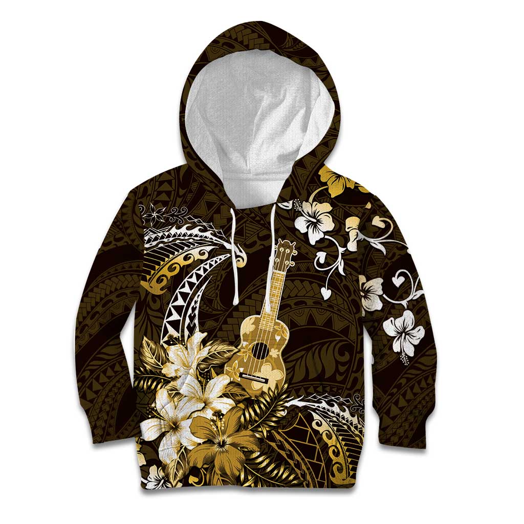 Hawaii Ukulele Kid Hoodie Polynesian Pattern Mix Hibiscus Gold Version LT05