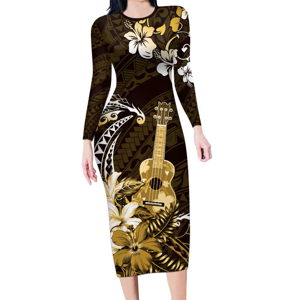 Hawaii Ukulele Long Sleeve Bodycon Dress Polynesian Pattern Mix Hibiscus Gold Version LT05