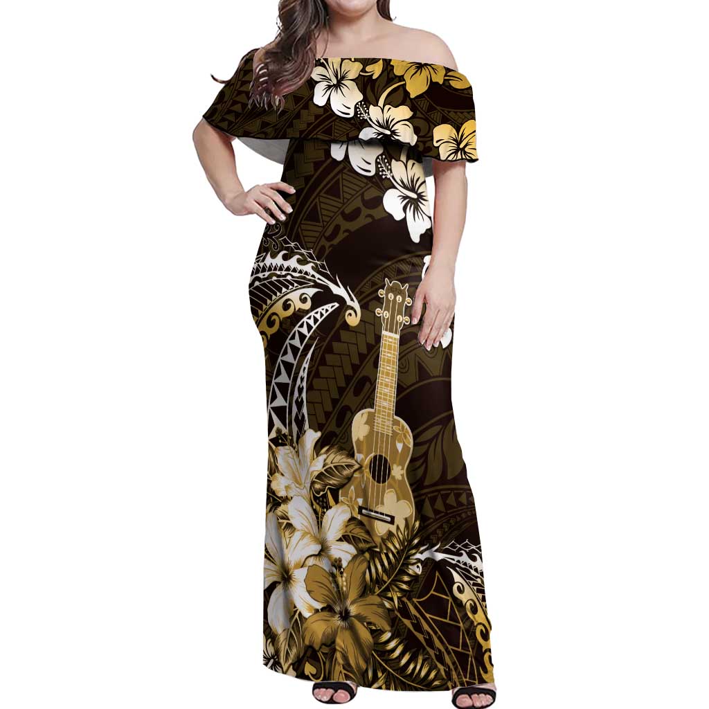 Hawaii Ukulele Off Shoulder Maxi Dress Polynesian Pattern Mix Hibiscus Gold Version LT05