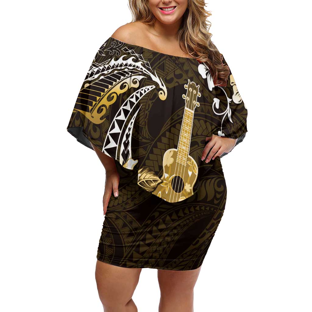 Hawaii Ukulele Off Shoulder Short Dress Polynesian Pattern Mix Hibiscus Gold Version LT05