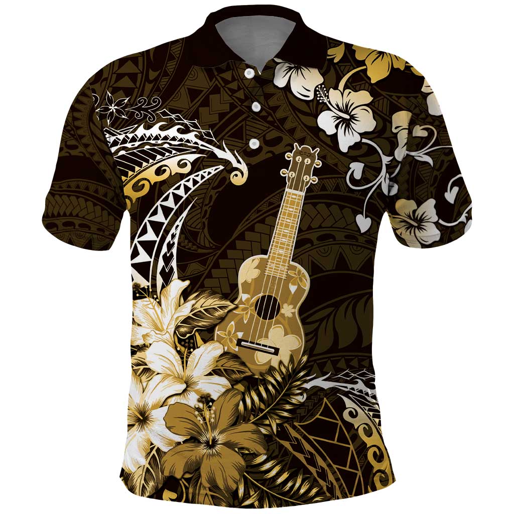 Hawaii Ukulele Polo Shirt Polynesian Pattern Mix Hibiscus Gold Version LT05