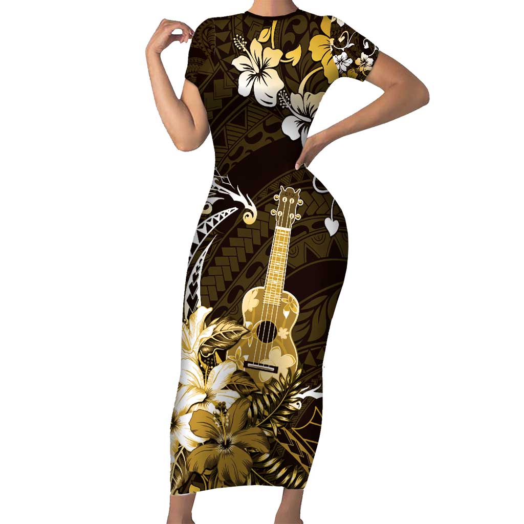 Hawaii Ukulele Short Sleeve Bodycon Dress Polynesian Pattern Mix Hibiscus Gold Version LT05