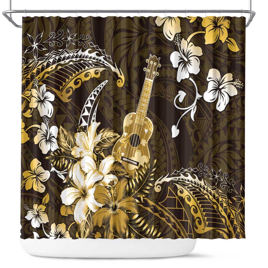 Hawaii Ukulele Shower Curtain Polynesian Pattern Mix Hibiscus Gold Version