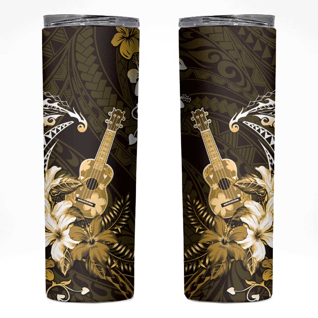 Hawaii Ukulele Skinny Tumbler Polynesian Pattern Mix Hibiscus Gold Version