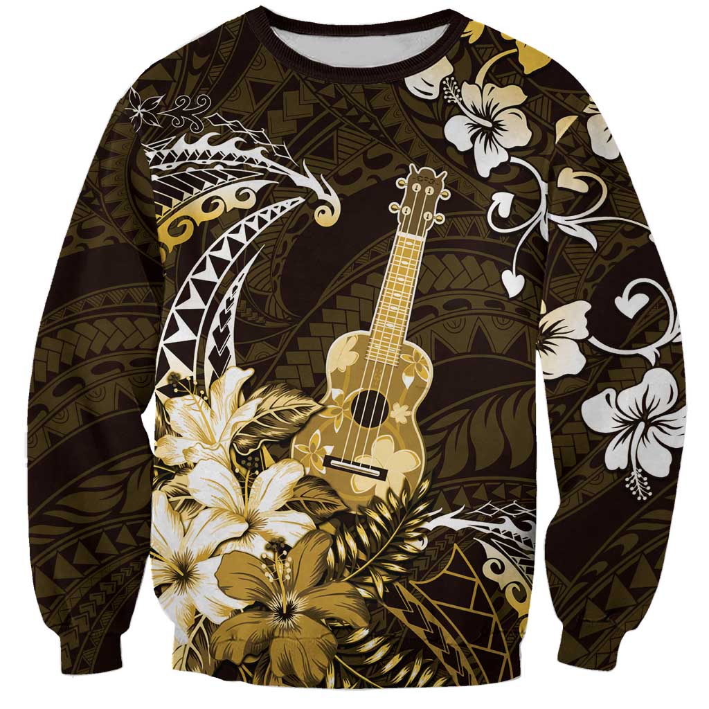 Hawaii Ukulele Sweatshirt Polynesian Pattern Mix Hibiscus Gold Version LT05