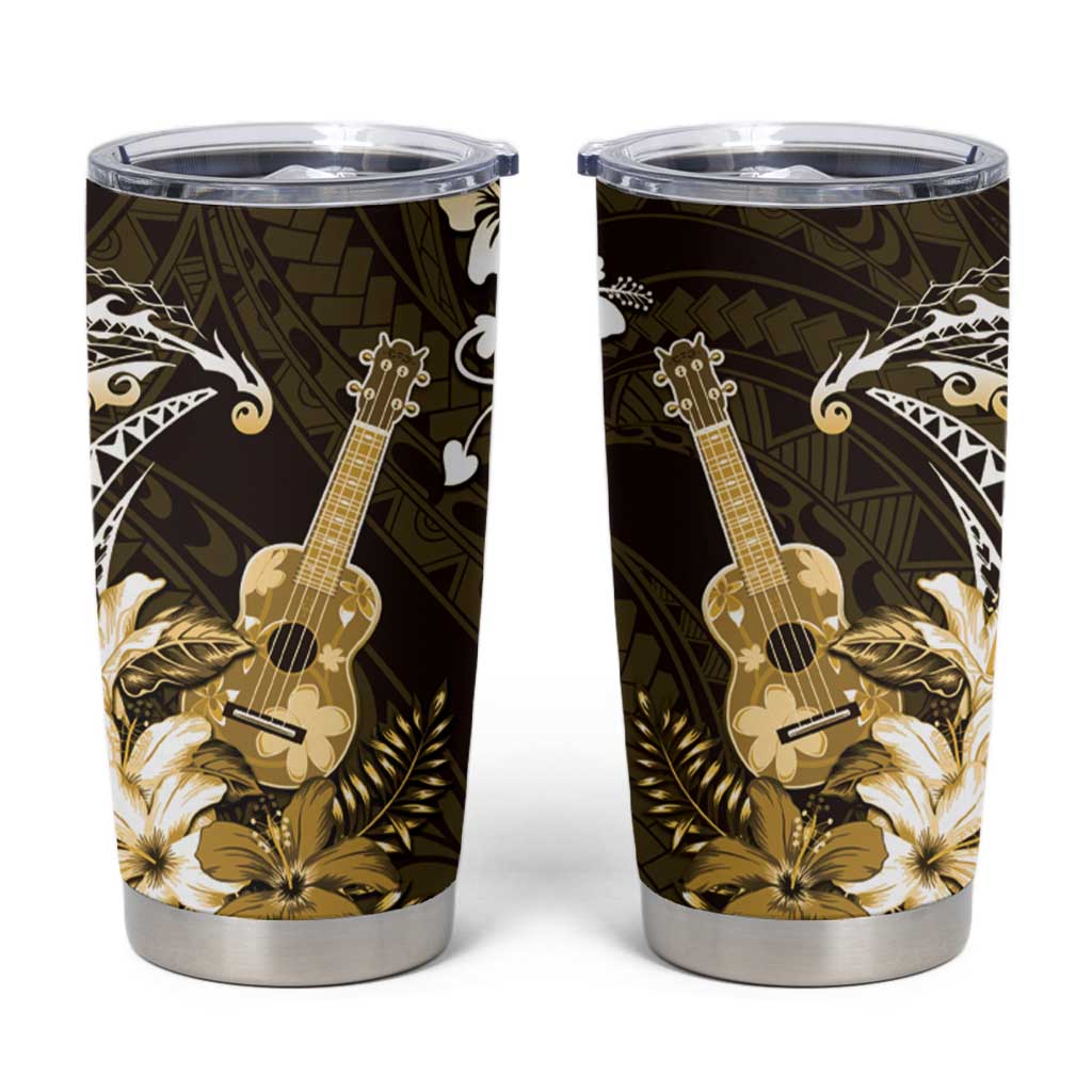 Hawaii Ukulele Tumbler Cup Polynesian Pattern Mix Hibiscus Gold Version