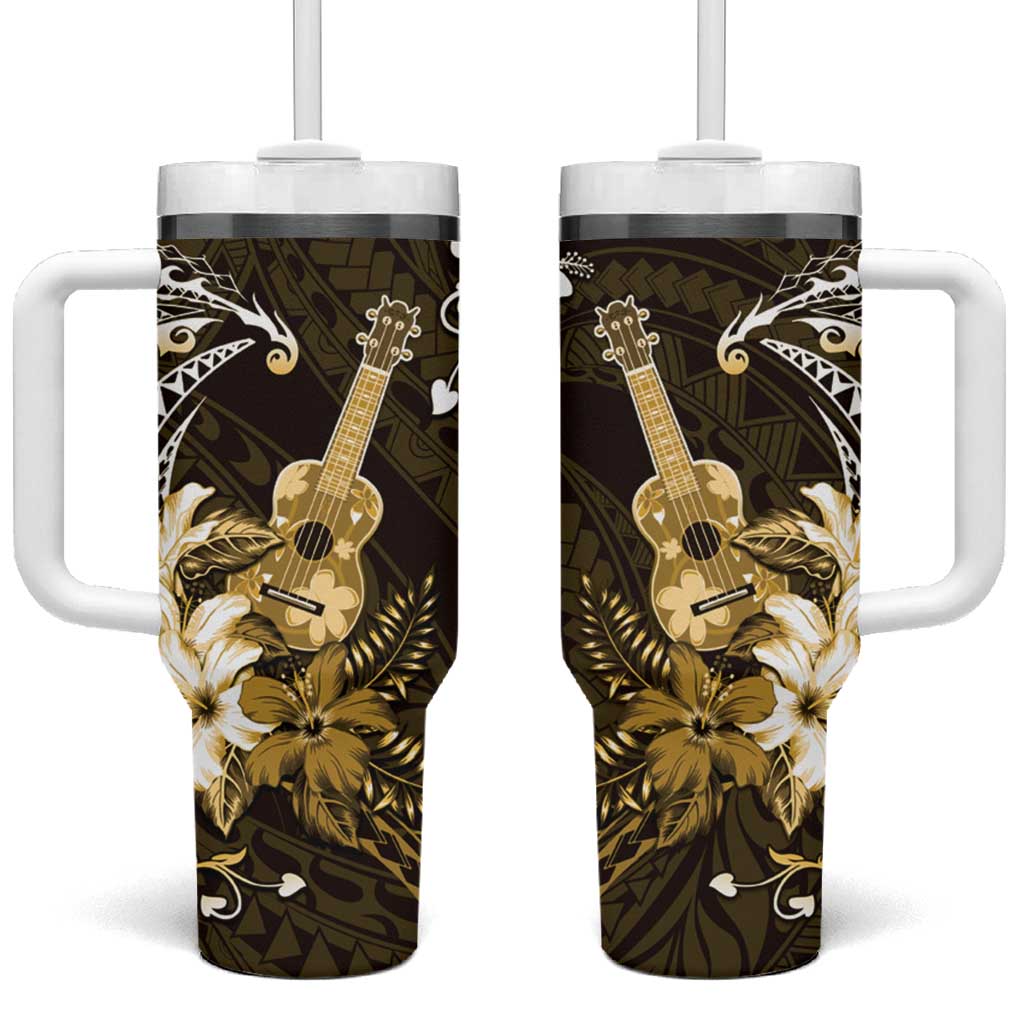 Hawaii Ukulele Tumbler With Handle Polynesian Pattern Mix Hibiscus Gold Version