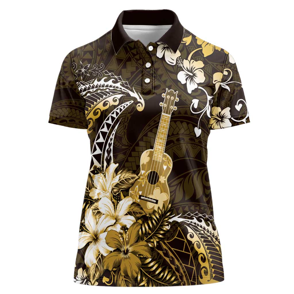 Hawaii Ukulele Women Polo Shirt Polynesian Pattern Mix Hibiscus Gold Version LT05