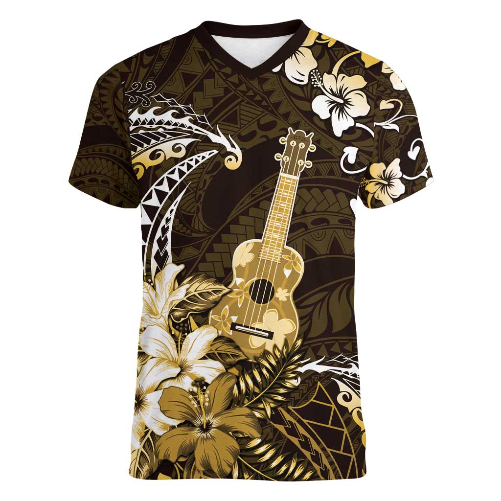 Hawaii Ukulele Women V-Neck T-Shirt Polynesian Pattern Mix Hibiscus Gold Version LT05