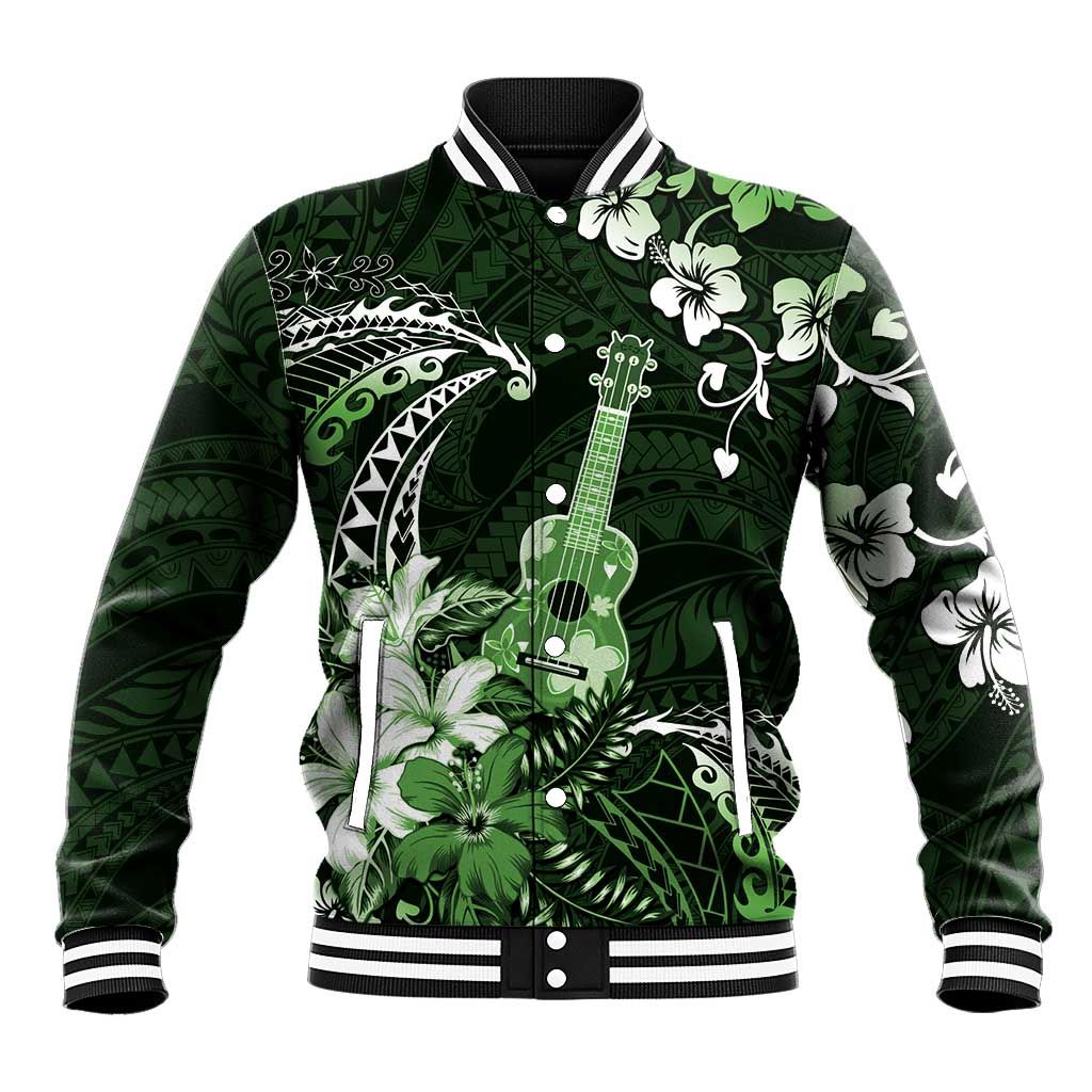 Hawaii Ukulele Baseball Jacket Polynesian Pattern Mix Hibiscus Green Version LT05