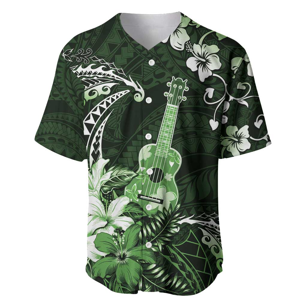 Hawaii Ukulele Baseball Jersey Polynesian Pattern Mix Hibiscus Green Version LT05