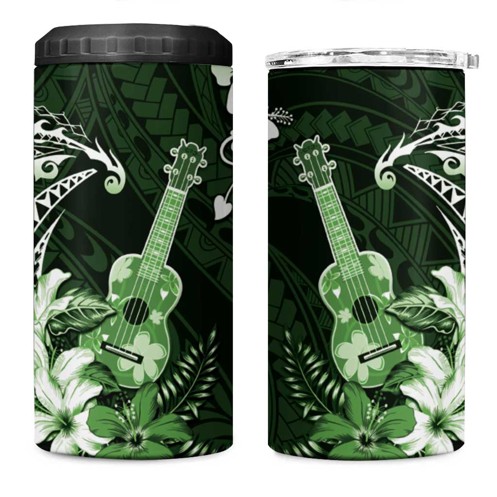 Hawaii Ukulele 4 in 1 Can Cooler Tumbler Polynesian Pattern Mix Hibiscus Green Version