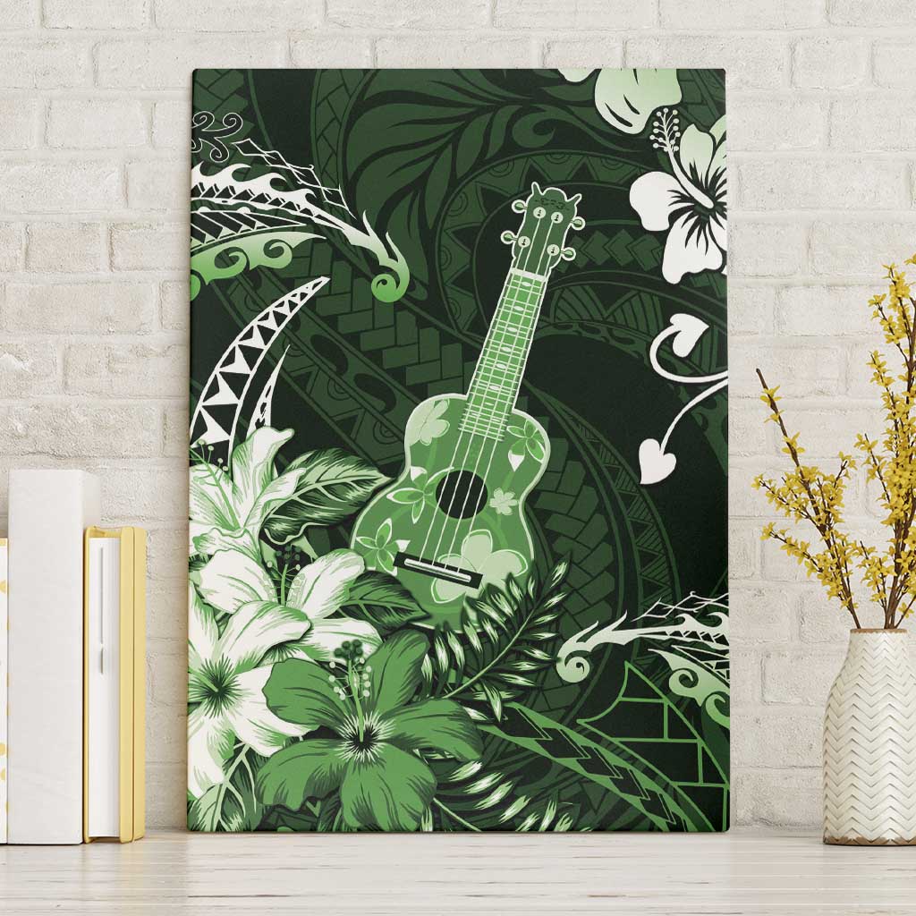 Hawaii Ukulele Canvas Wall Art Polynesian Pattern Mix Hibiscus Green Version